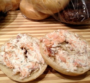 Salmon spread on bagel